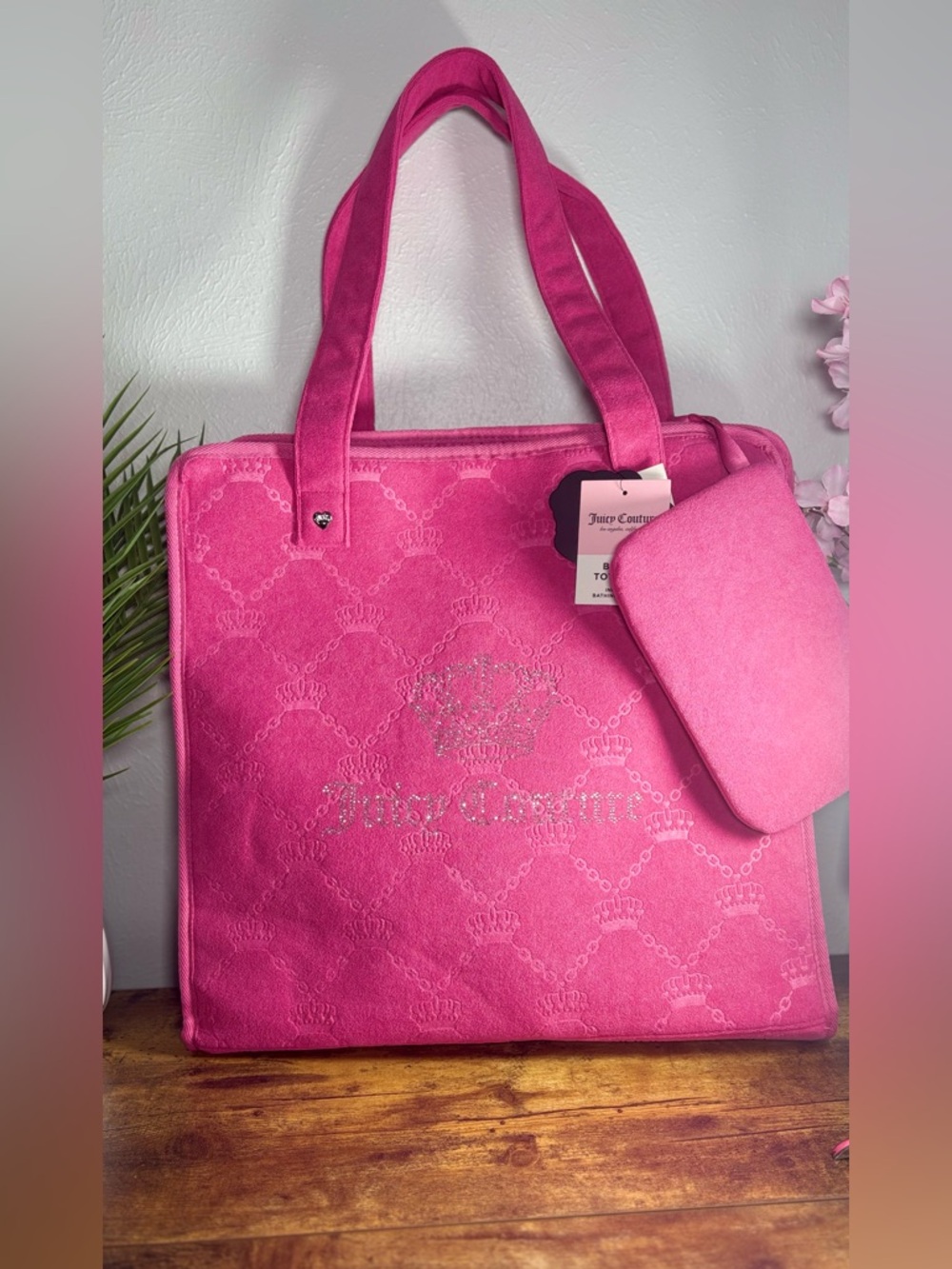Juicy Couture Pink Velour Beach Tote Bag w/ Bathing Suit Bag